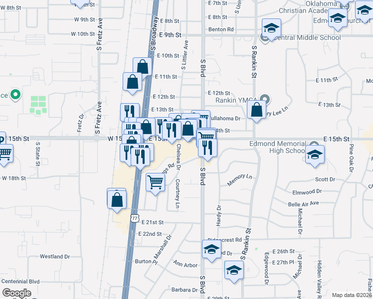 map of restaurants, bars, coffee shops, grocery stores, and more near 1609 Kings Road in Edmond