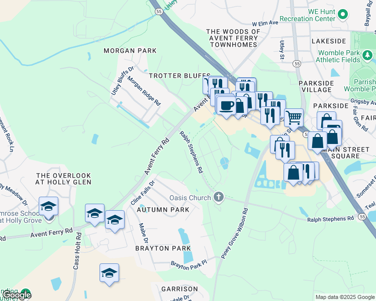 map of restaurants, bars, coffee shops, grocery stores, and more near 204 Ralph Stephens Road in Holly Springs