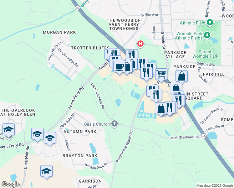 map of restaurants, bars, coffee shops, grocery stores, and more near 1729 Ralph Stephens Road in Holly Springs