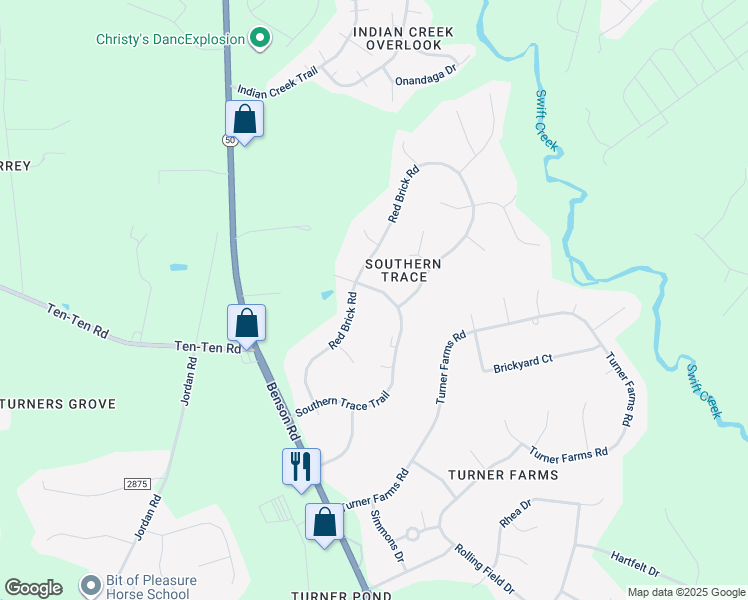 map of restaurants, bars, coffee shops, grocery stores, and more near 1209 Southern Trace Trail in Garner