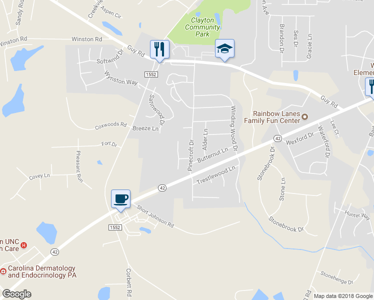 map of restaurants, bars, coffee shops, grocery stores, and more near 220 Pinecroft Drive in Clayton