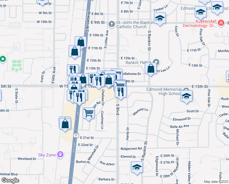 map of restaurants, bars, coffee shops, grocery stores, and more near 1609 Kings Road in Edmond