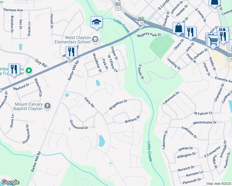map of restaurants, bars, coffee shops, grocery stores, and more near 1205 Woodbriar Street in Clayton