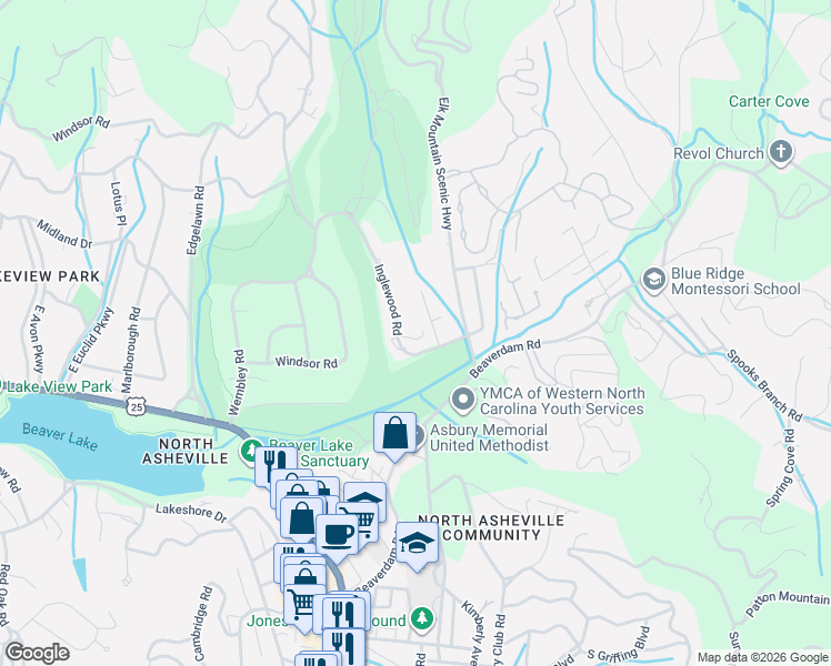 map of restaurants, bars, coffee shops, grocery stores, and more near 13 Inglewood Road in Asheville