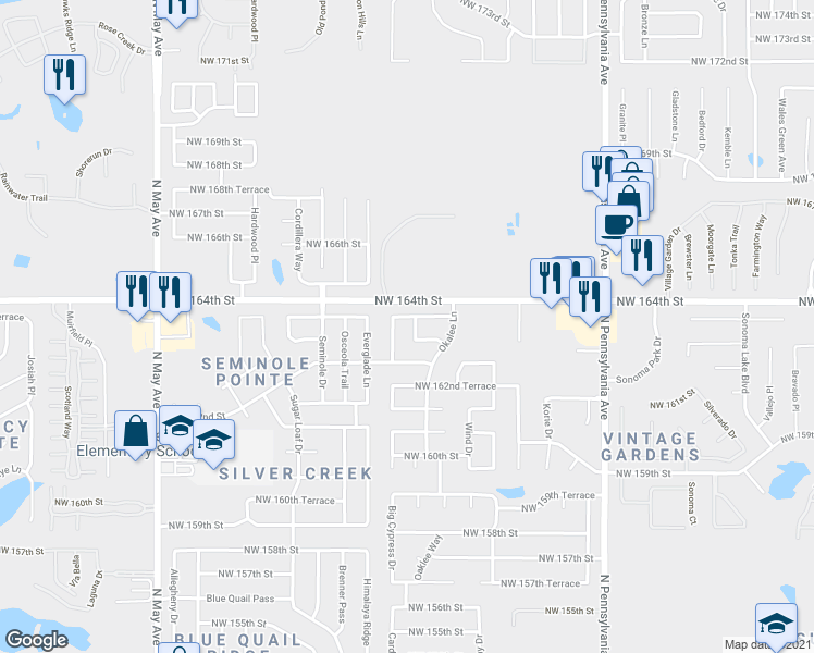 map of restaurants, bars, coffee shops, grocery stores, and more near 2412 Northwest 163rd Street in Edmond