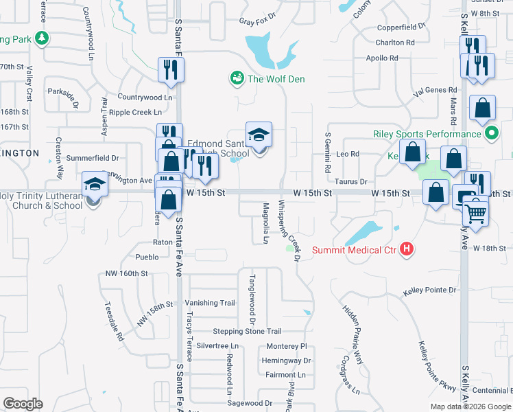 map of restaurants, bars, coffee shops, grocery stores, and more near 1700 Still Water Lane in Edmond