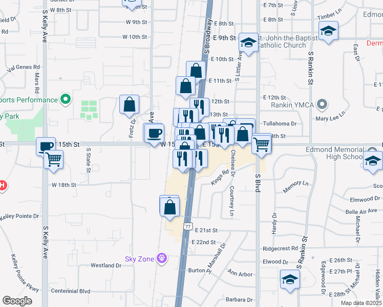 map of restaurants, bars, coffee shops, grocery stores, and more near 1716 U.S. 77 in Edmond
