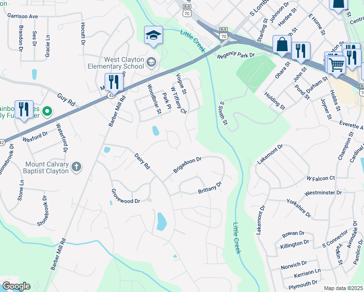 map of restaurants, bars, coffee shops, grocery stores, and more near 1205 Woodbriar Street in Clayton