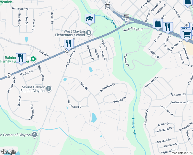 map of restaurants, bars, coffee shops, grocery stores, and more near 3005 Benningwood Court in Clayton