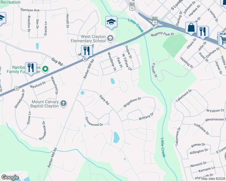 map of restaurants, bars, coffee shops, grocery stores, and more near 2837 Bennington Drive in Clayton