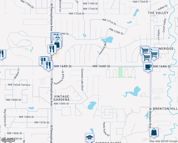 map of restaurants, bars, coffee shops, grocery stores, and more near 1628 Northwest 164th Circle in Edmond