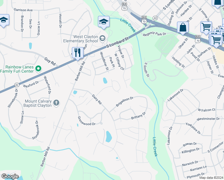 map of restaurants, bars, coffee shops, grocery stores, and more near 1117 Woodbriar Street in Clayton