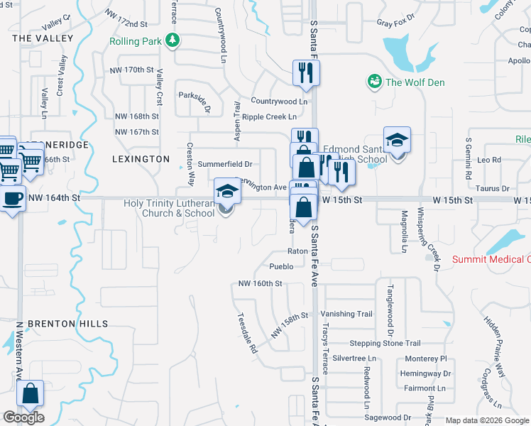 map of restaurants, bars, coffee shops, grocery stores, and more near 16305 Coronado Drive in Edmond
