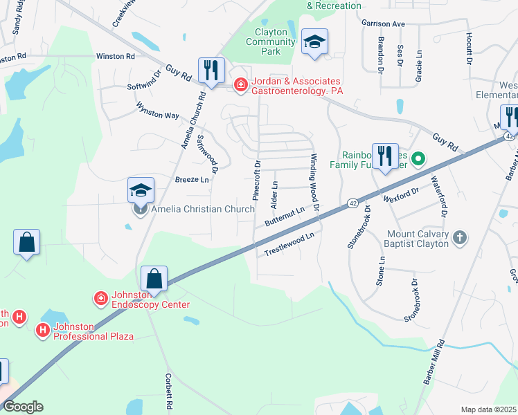 map of restaurants, bars, coffee shops, grocery stores, and more near 221 Pinecroft Drive in Clayton