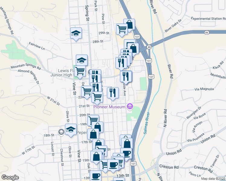 map of restaurants, bars, coffee shops, grocery stores, and more near 2222 Pine Street in Paso Robles