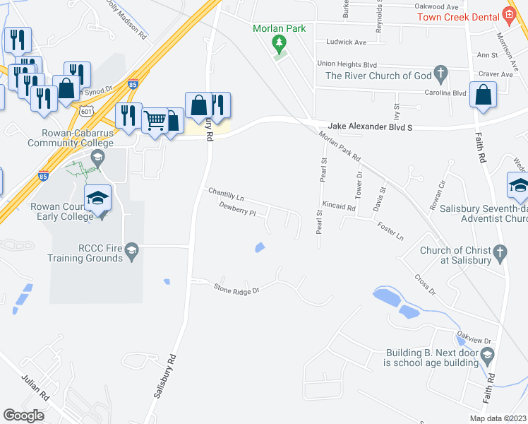 map of restaurants, bars, coffee shops, grocery stores, and more near 1822 Dewberry Place in Salisbury