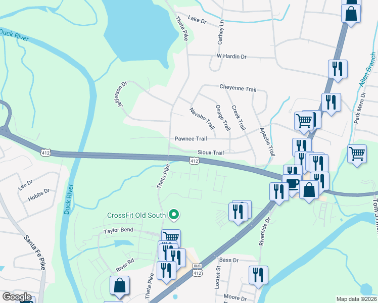 map of restaurants, bars, coffee shops, grocery stores, and more near 418A Sioux Trail in Columbia