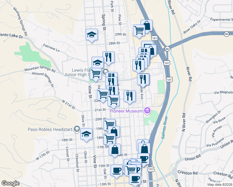 map of restaurants, bars, coffee shops, grocery stores, and more near 733 23rd Street in Paso Robles