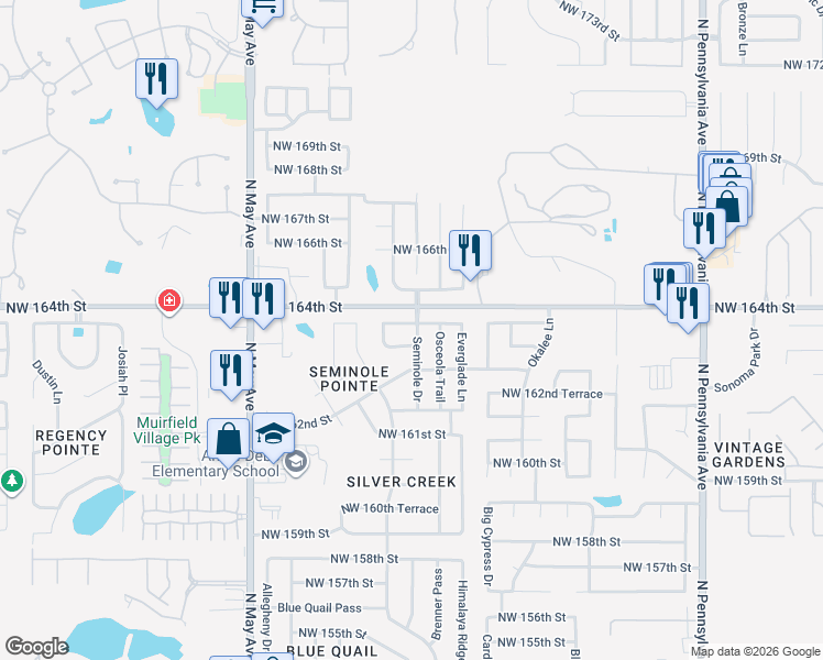 map of restaurants, bars, coffee shops, grocery stores, and more near 2600 Northwest 164th Terrace in Edmond