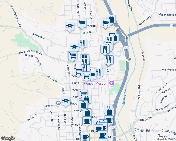 map of restaurants, bars, coffee shops, grocery stores, and more near 733 23rd Street in Paso Robles