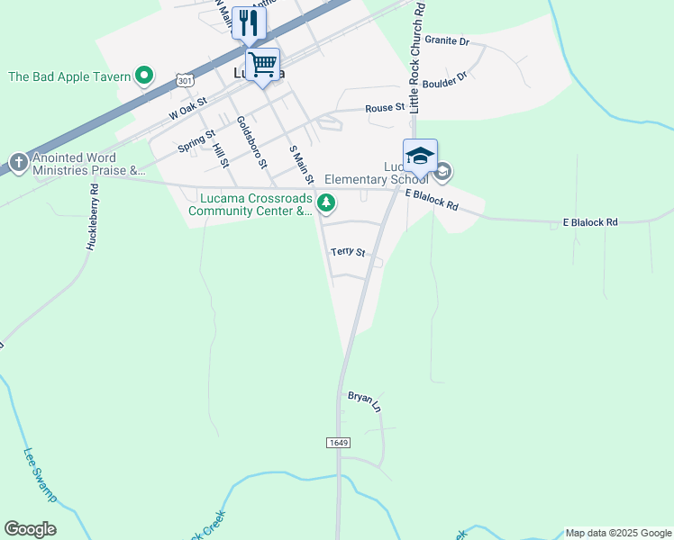map of restaurants, bars, coffee shops, grocery stores, and more near 100 Terry Street in Lucama