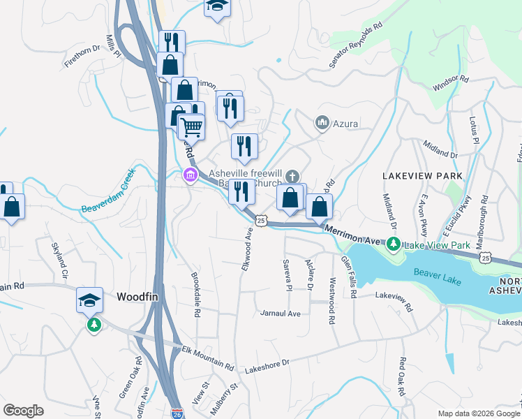 map of restaurants, bars, coffee shops, grocery stores, and more near 15 Beaver Drive in Asheville