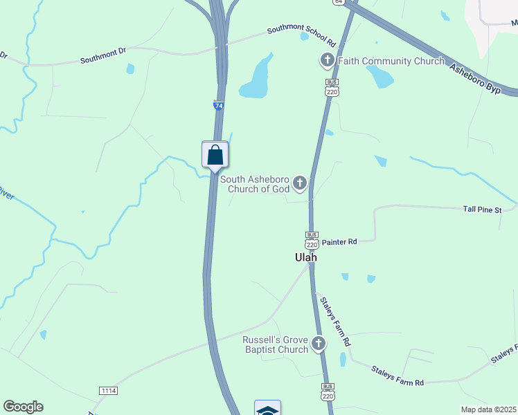 map of restaurants, bars, coffee shops, grocery stores, and more near 215 Coy Stella Trail in Asheboro