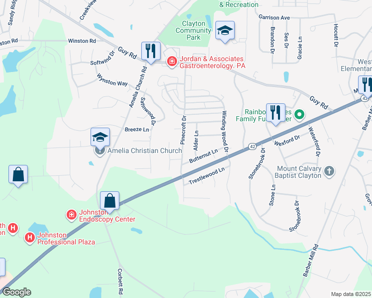 map of restaurants, bars, coffee shops, grocery stores, and more near 221 Pinecroft Drive in Clayton