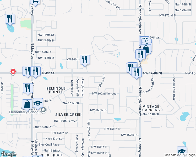 map of restaurants, bars, coffee shops, grocery stores, and more near 2412 Northwest 164th Terrace in Edmond
