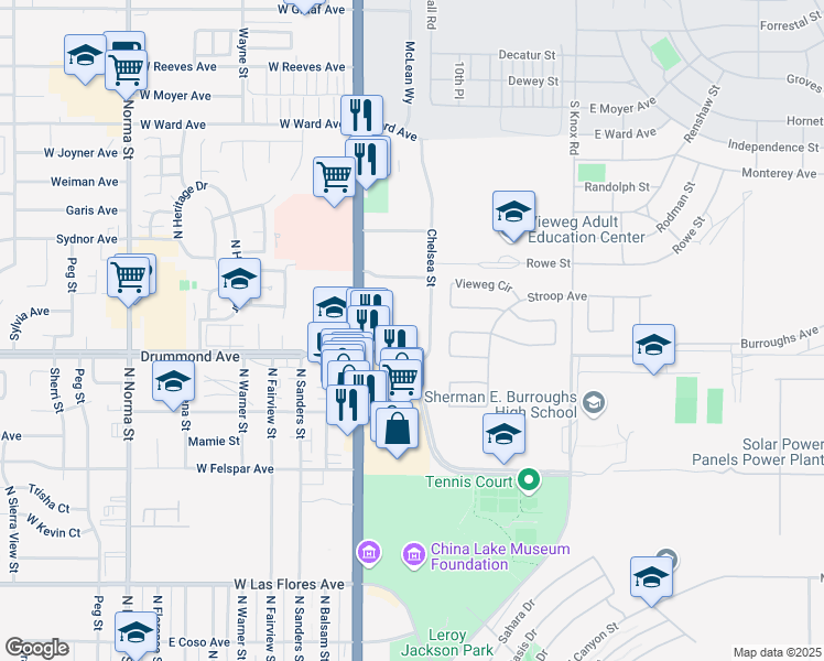 map of restaurants, bars, coffee shops, grocery stores, and more near 910 North China Lake Boulevard in Ridgecrest