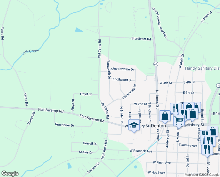map of restaurants, bars, coffee shops, grocery stores, and more near 118 Tamworth Drive in Denton