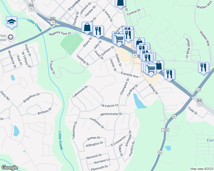 map of restaurants, bars, coffee shops, grocery stores, and more near Black Oak Court in Clayton