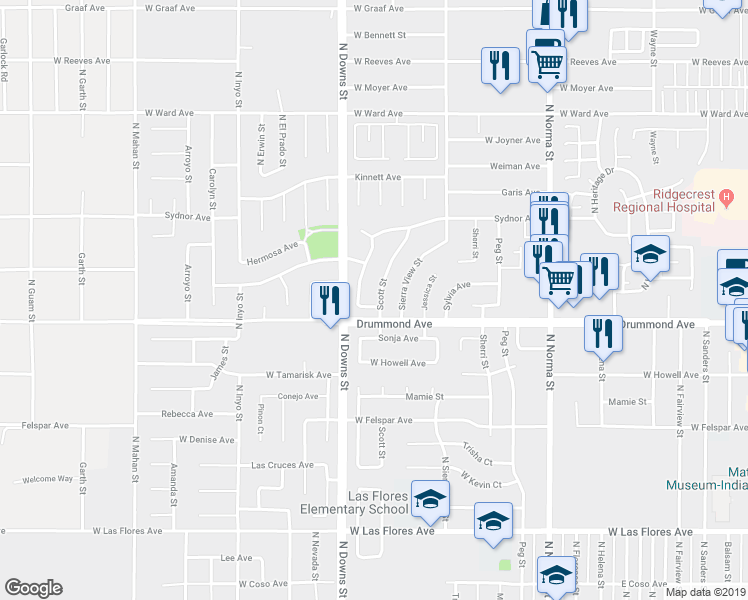 map of restaurants, bars, coffee shops, grocery stores, and more near 909 Scott Street in Ridgecrest