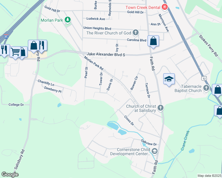 map of restaurants, bars, coffee shops, grocery stores, and more near 1109 Davis Street in Salisbury