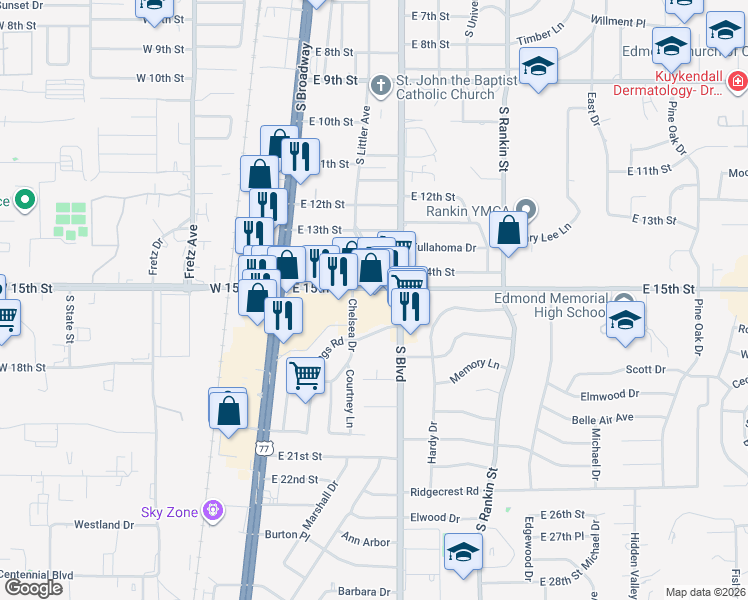 map of restaurants, bars, coffee shops, grocery stores, and more near 1407 South Littler Avenue in Edmond