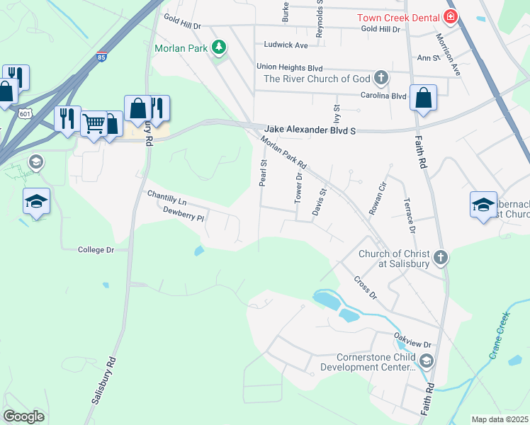 map of restaurants, bars, coffee shops, grocery stores, and more near 325 Pearl Street in Salisbury