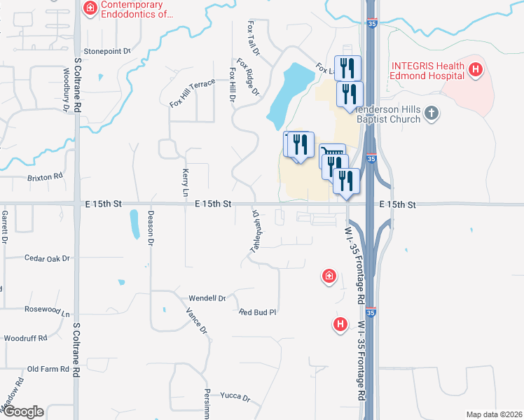 map of restaurants, bars, coffee shops, grocery stores, and more near 1404 Fox Lake Lane in Edmond