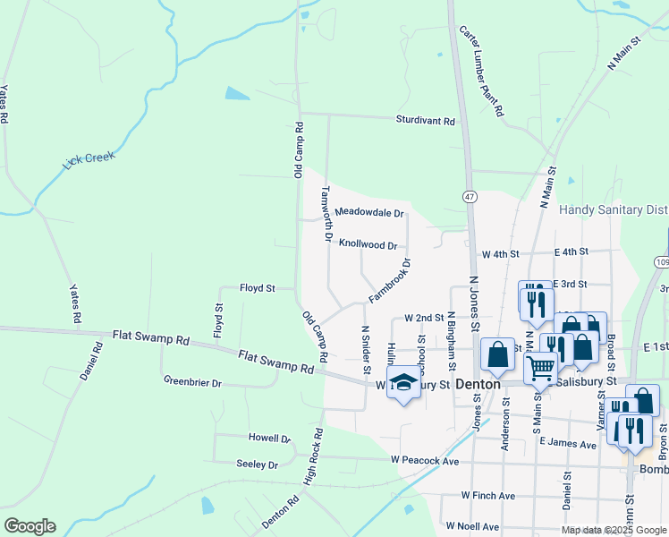 map of restaurants, bars, coffee shops, grocery stores, and more near 118 Tamworth Drive in Denton