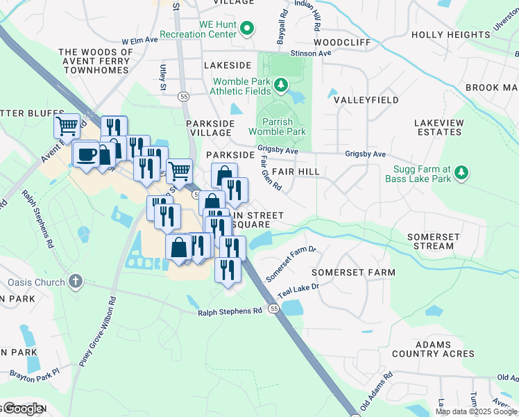 map of restaurants, bars, coffee shops, grocery stores, and more near 112 Spring Pine Lane in Holly Springs