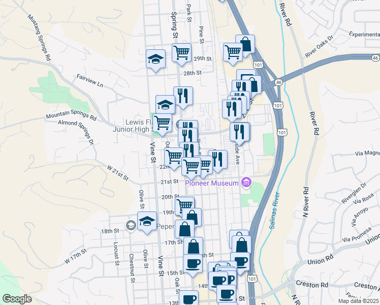 map of restaurants, bars, coffee shops, grocery stores, and more near 724 23rd Street in Paso Robles