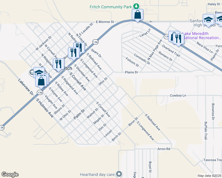 map of restaurants, bars, coffee shops, grocery stores, and more near 101-103 West Palm Street in Fritch