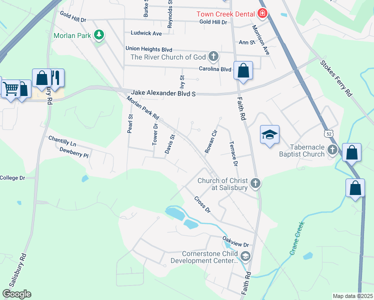 map of restaurants, bars, coffee shops, grocery stores, and more near 1105 Davis Street in Salisbury