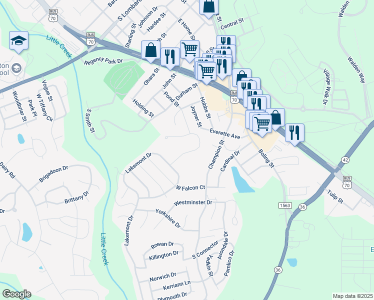 map of restaurants, bars, coffee shops, grocery stores, and more near 109 Black Oak Court in Clayton