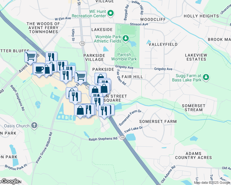 map of restaurants, bars, coffee shops, grocery stores, and more near 108 Spring Pine Lane in Holly Springs