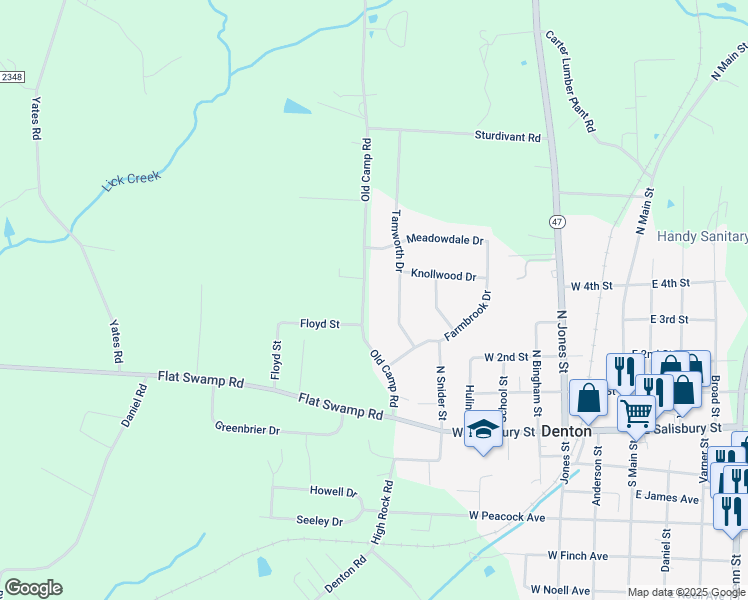 map of restaurants, bars, coffee shops, grocery stores, and more near 312 Old Camp Road in Denton