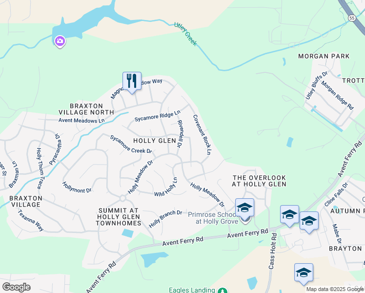 map of restaurants, bars, coffee shops, grocery stores, and more near 113 Rivendell Drive in Holly Springs
