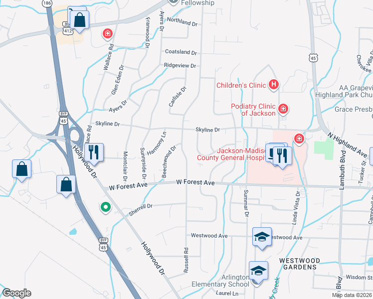 map of restaurants, bars, coffee shops, grocery stores, and more near 103 Woodhaven Drive in Jackson