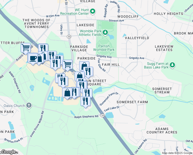map of restaurants, bars, coffee shops, grocery stores, and more near 108 Spring Pine Lane in Holly Springs