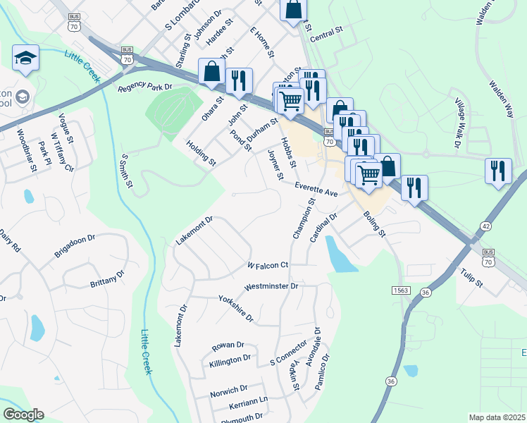 map of restaurants, bars, coffee shops, grocery stores, and more near 109 Black Oak Court in Clayton