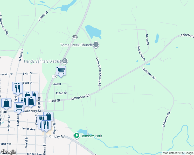 map of restaurants, bars, coffee shops, grocery stores, and more near 618 Toms Creek Church Road in Denton